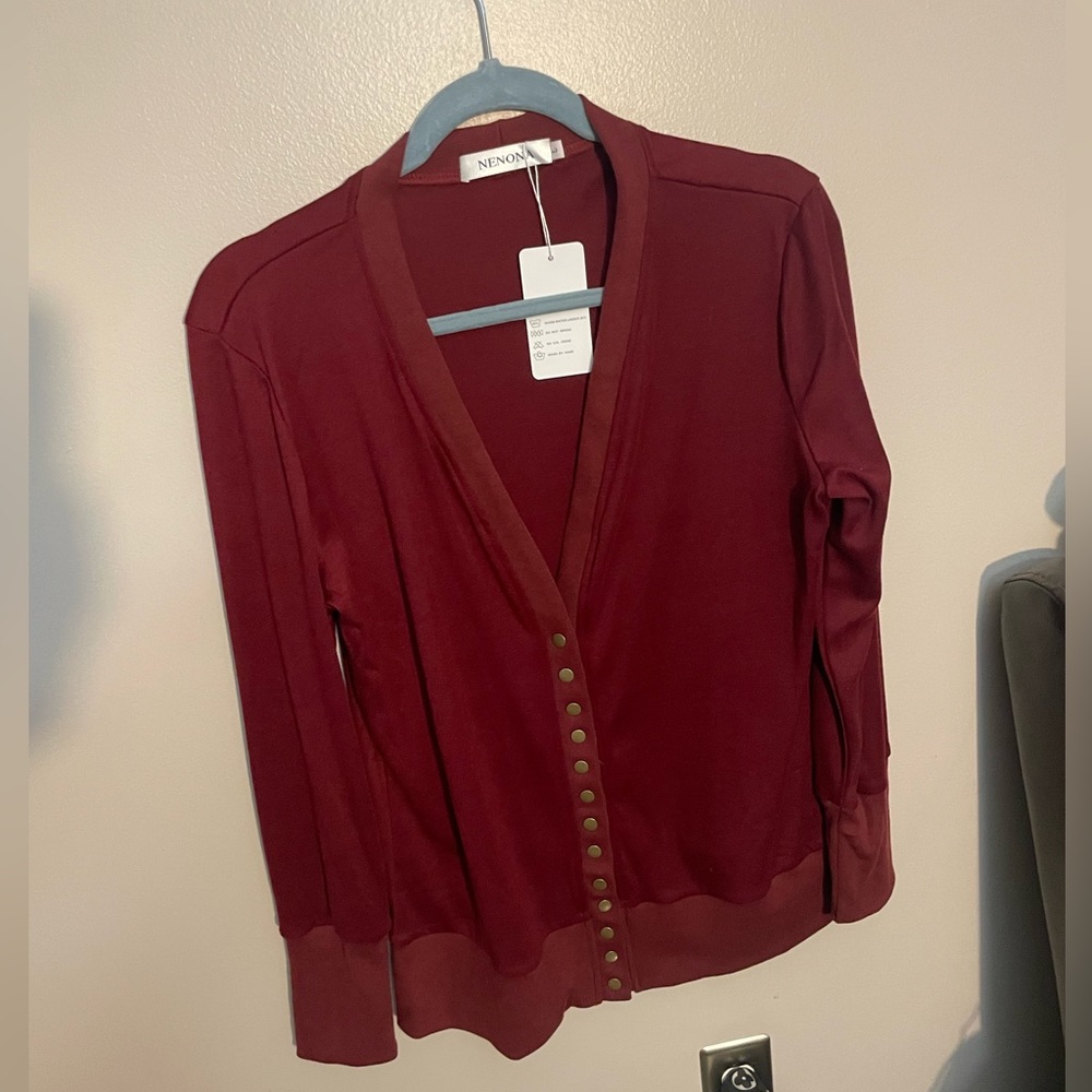 Long cranberry/burgundy snap cardigan